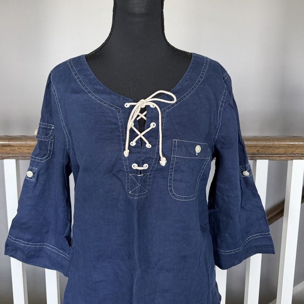 Ralph Lauren Jean Company 100% Linen Drawstring Roll Sleeve Tab Top MP Coastal - Picture 2 of 9